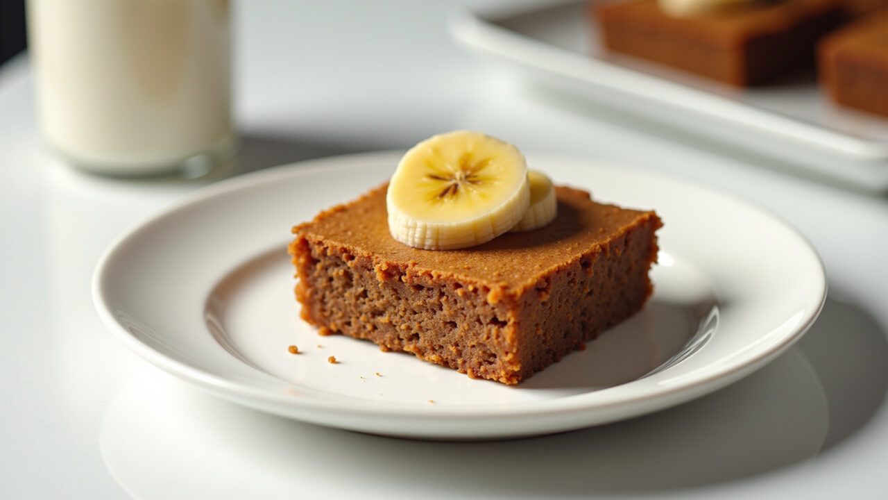 Professional photography of a flourless banana cake on a white plate, minimalist Brazilian setting, Bolo de banana fit sem farinha.