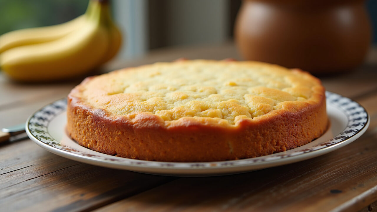 Professional photography of a fluffy banana cake on a rustic wooden table, natural lighting, Bolo de banana fofinho caseiro.