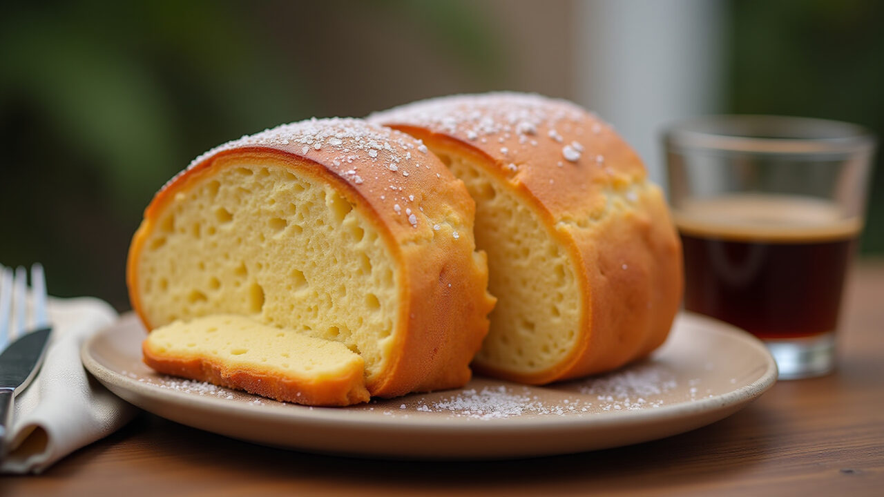 Professional photography of a fluffy bolo de leite quente, sliced and served with coffee, natural Bolo de leite quente fofinho.