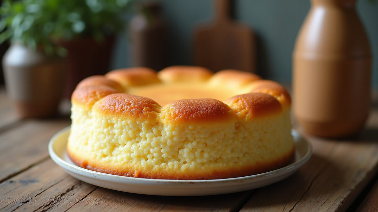 Professional photography of a fluffy maizena cake on a rustic wooden table, natural lighting, Bolo de Maizena fofinho e delicioso.