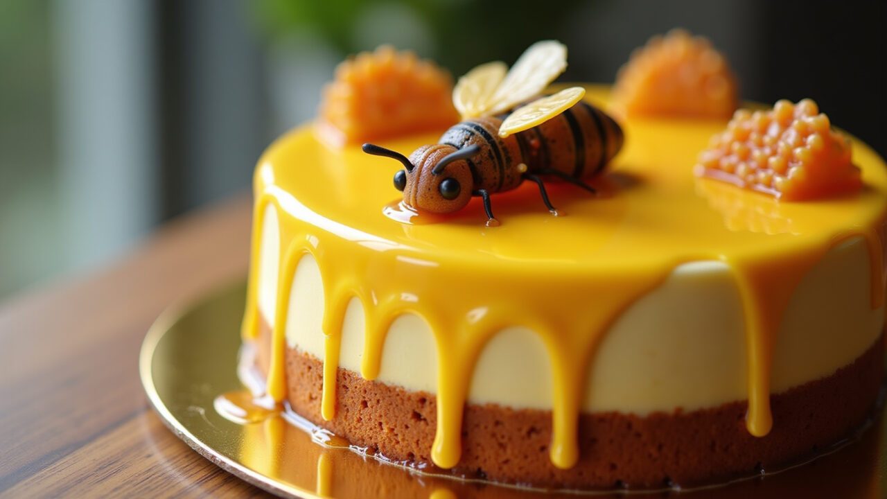 Professional photography of a honey-infused bee cake, honey drizzle, honeycomb decorations, natural Bolo abelhinha com mel.