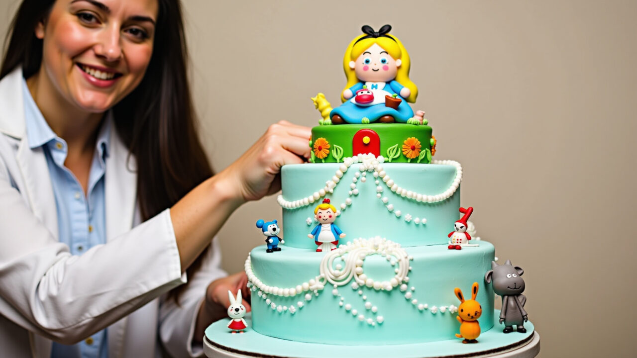 Professional photography of a joyful Alice in Wonderland cake for a children's party, interactive Bolo Alice no País das Maravilhas para festa infantil com surpresa.