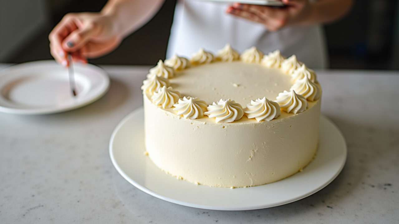 Professional photography of a light and airy sponge cake, decorated with delicate white frosting, Bolo pão de ló decorado com chantilly branco.