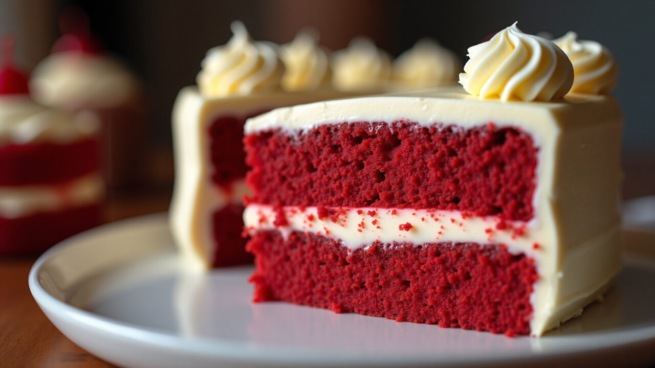Professional photography of a vibrant red velvet cake with cream cheese frosting, elegant Bolo red velvet decorado com cream cheese.