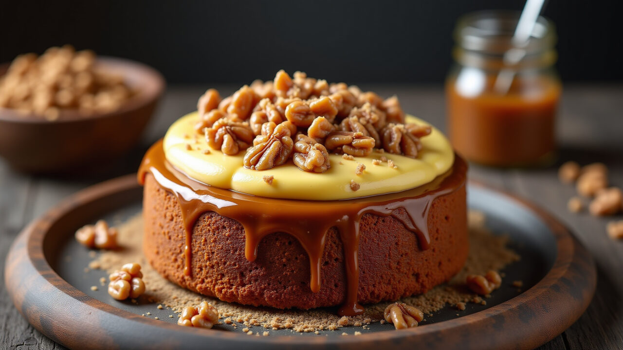 Professional photography of a walnut cake with dulce de leche filling, rustic decoration, 8k Bolo de nozes com recheio de doce de leite.