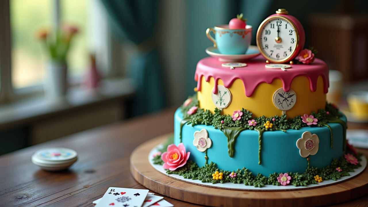 Professional photography of a whimsical Alice in Wonderland cake, vibrant colors, teacups, playing Bolo decorado Alice no País das Maravilhas com xícaras e cartas.
