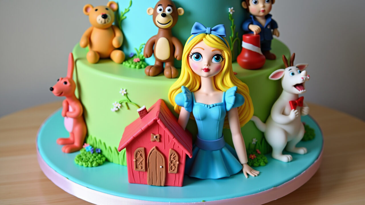 Professional photography of an Alice in Wonderland cake, inspired by Pinterest, with unique Bolo Alice no País das Maravilhas inspirado no Pinterest.
