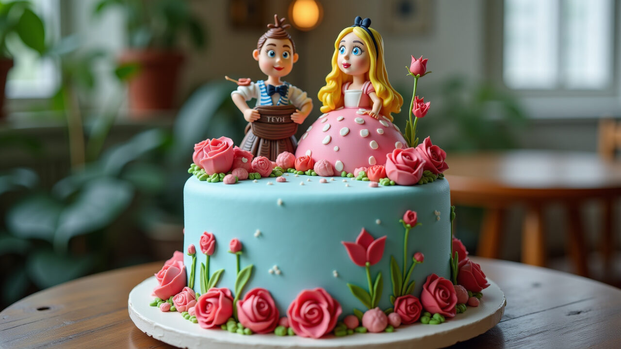 Professional photography of an elegant Alice in Wonderland fake cake, decorated with fondant, Bolo fake Alice no País das Maravilhas para fotos.