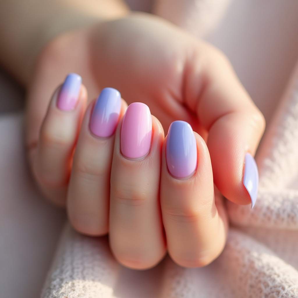 Professional photography of candy color gradient nails, soft pastel tones, natural lighting, 8K Unhas degradê candy colors: transição suave de tons pastel.
