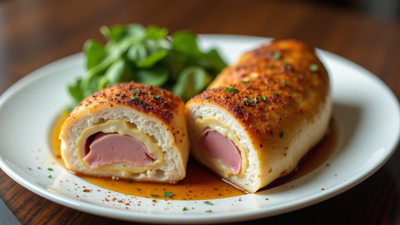 Professional photography of chicken breast stuffed with ham and cheese, elegant dinner setting, Peito de frango recheado com presunto e queijo.