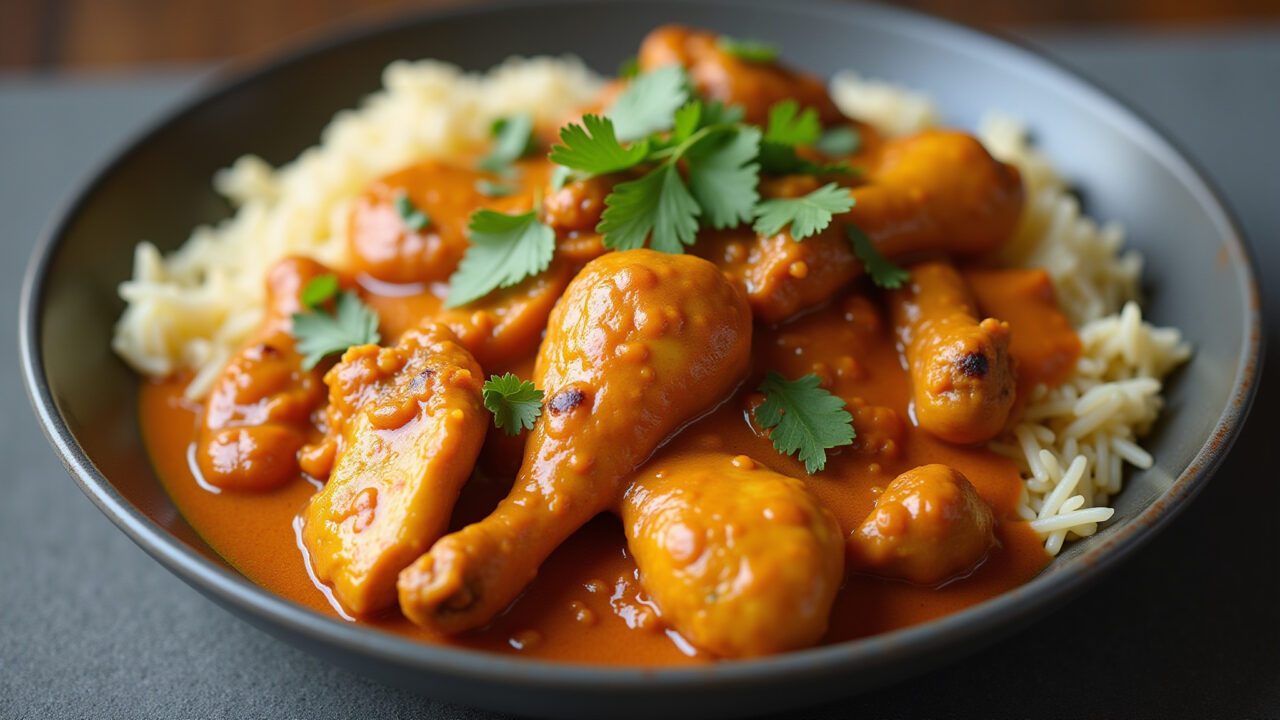 Professional photography of chicken curry with basmati rice, Indian cuisine, Brazilian style, 8K Peito de frango ao curry com arroz basmati.
