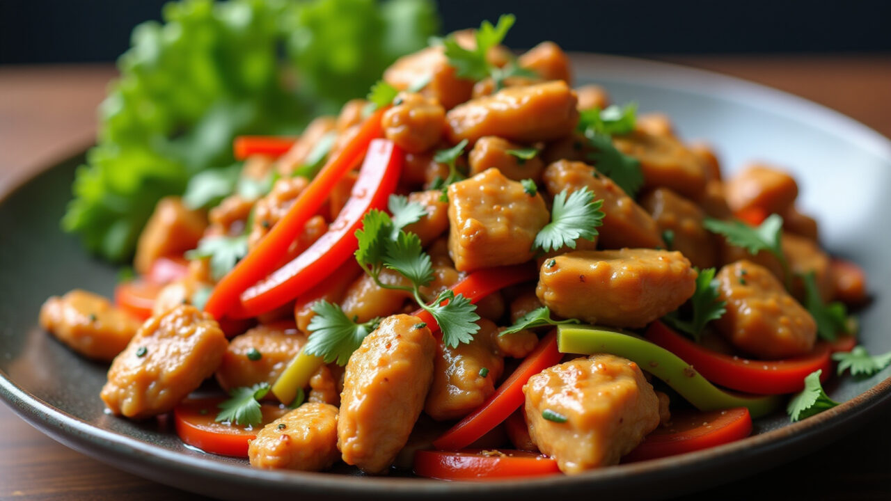 Professional photography of chicken stir-fry with vegetables, Asian cuisine, Brazilian style, 8K Peito de frango xadrez.
