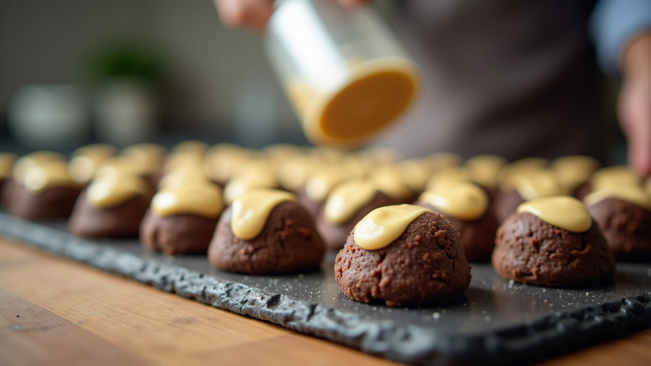 Professional photography of creamy brigadeiro being made in a modern Brazilian kitchen, natural Brigadeiro cremoso caseiro sendo preparado.