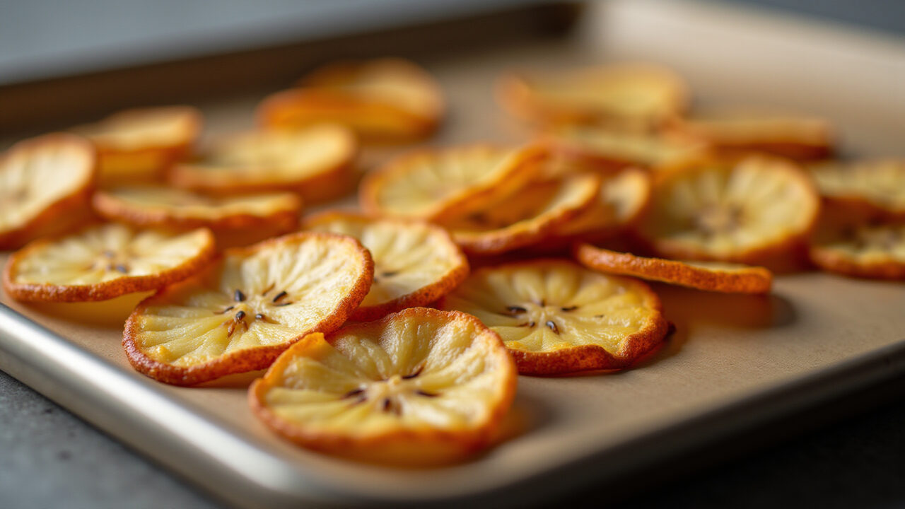 Professional photography of crispy baked banana chips on a baking sheet, Brazilian setting, healthy Chips de banana assada crocante.