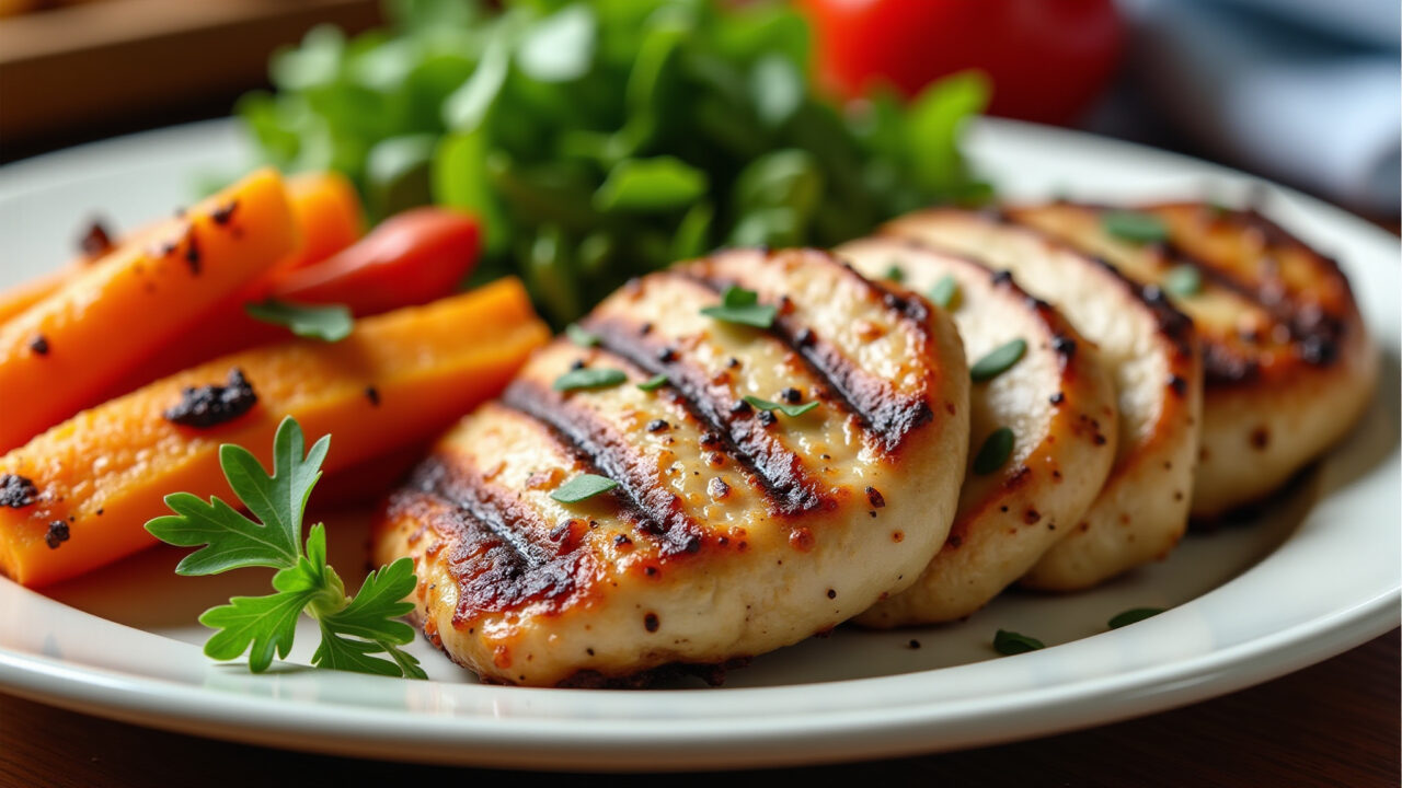 Professional photography of grilled chicken breast with roasted vegetables, natural lighting, Peito de frango grelhado com legumes assados.