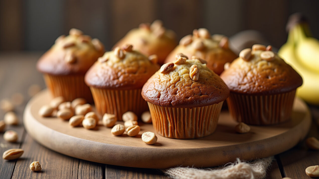 Professional photography of integral banana muffins with nuts on a wooden board, rustic Brazilian Muffin de banana integral.