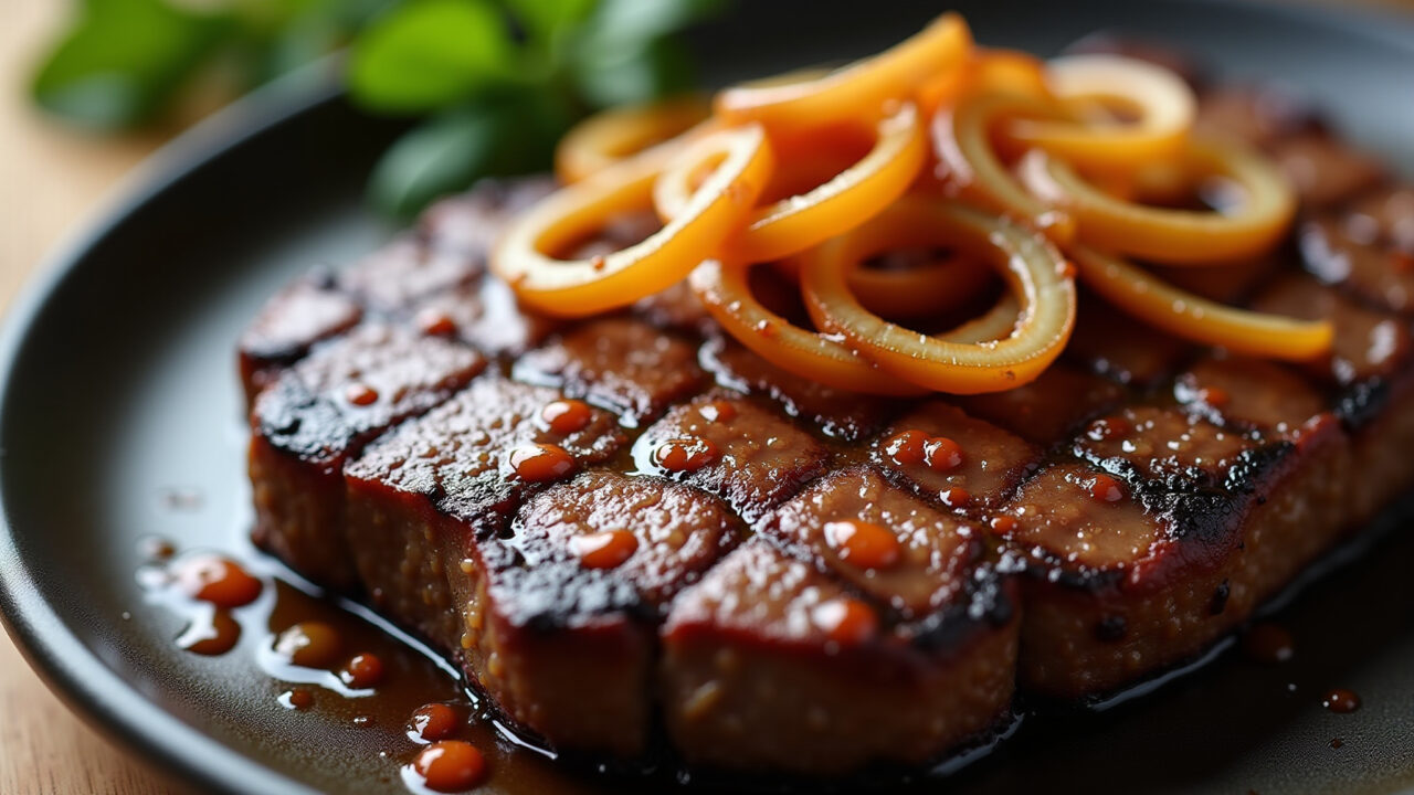 Professional photography of sizzling steak with caramelized onions, natural lighting, 8k quality, Bife acebolado simples e rápido, pronto para servir.