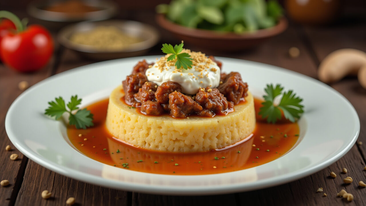 Professional photography of tapioca with carne seca desfiada and queijo, traditional Brazilian Tapioca com carne seca desfiada e queijo, recheio tradicional.