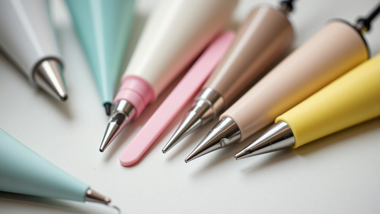 Professional photography of various cake decorating tools (piping bags, nozzles, spatulas), natural Ferramentas de confeitaria para decorar bolos.