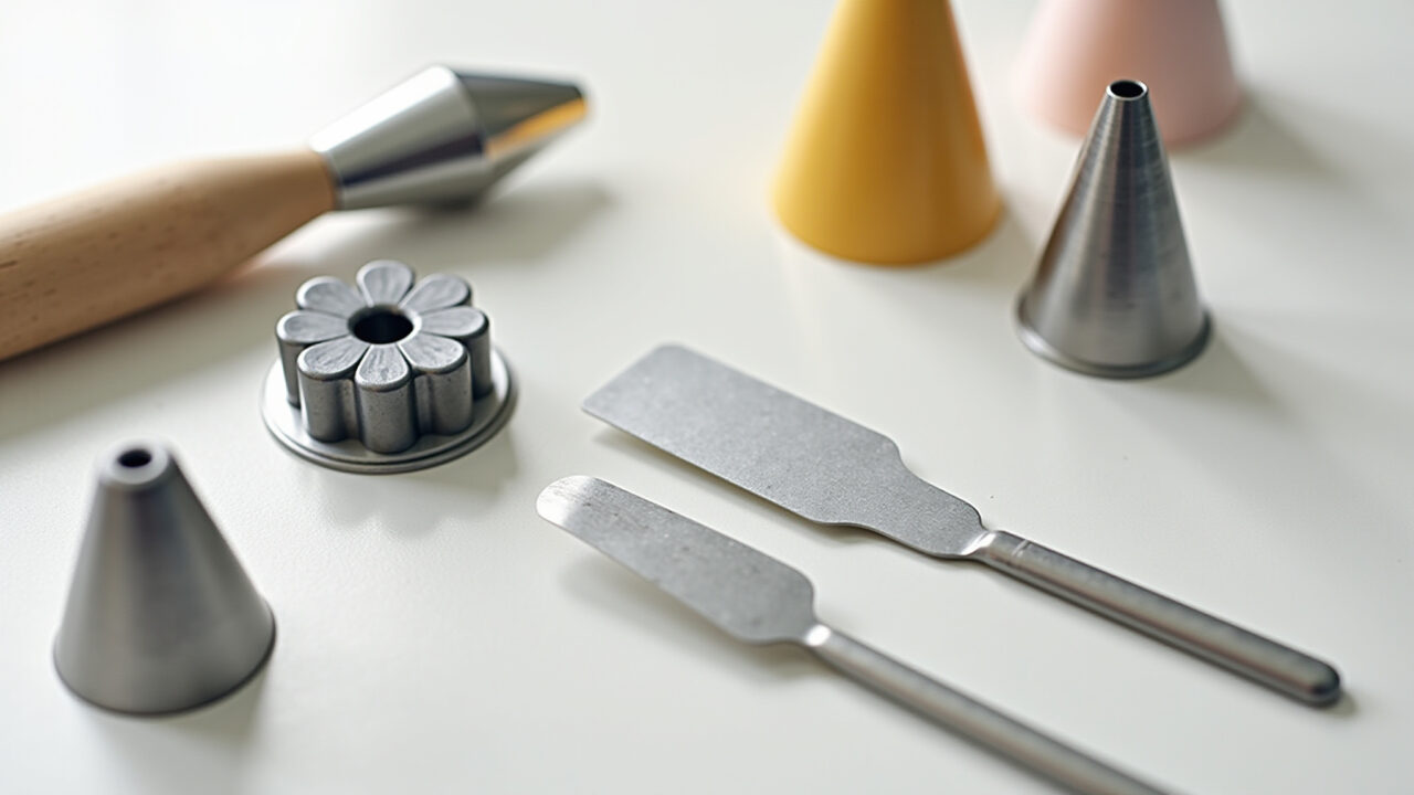 Professional photography of various cake decorating utensils (piping tips, spatulas, turntables), Utensílios essenciais para montar e decorar bolos.
