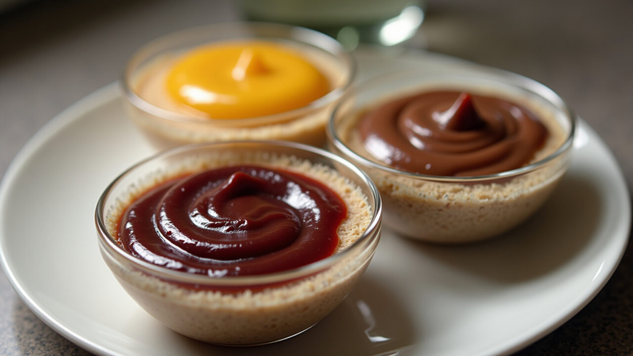 Professional photography of various cake fillings (brigadeiro, doce de leite, ganache) in glass Recheios cremosos para bolo: brigadeiro, doce de leite, ganache.