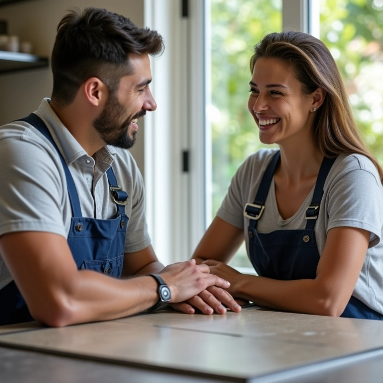 Profissional discutindo instalação de lajotas com cliente.