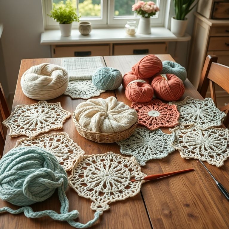 Projetos de crochê e materiais em mesa.