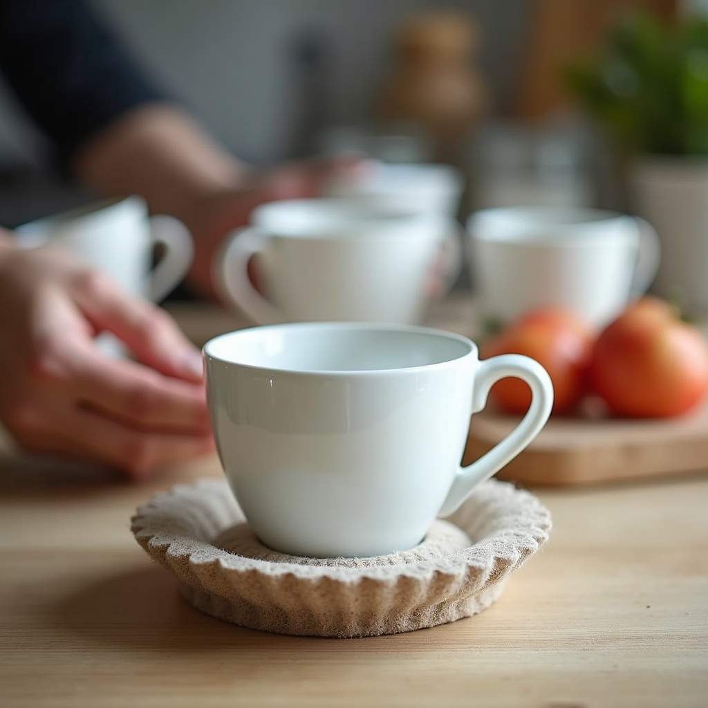 Protecting cups and saucers, felt protectors, kitchen organization, careful handling, bright light, Proteção de xícaras e pires com protetores de feltro.