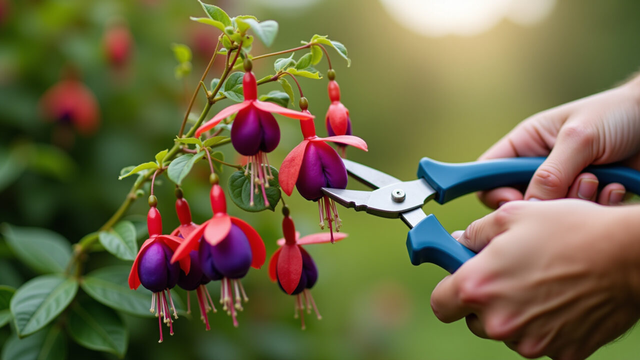 Pruning fuchsia 'brinco de princesa', gardener's hands with pruning shears, healthy plant, 8k, Podando brinco de princesa