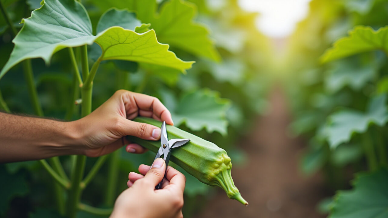 Pruning okra plant, removing yellow leaves. Natural lighting, 8K quality, sharp focus, commercial Podando quiabo para aumentar a produção.