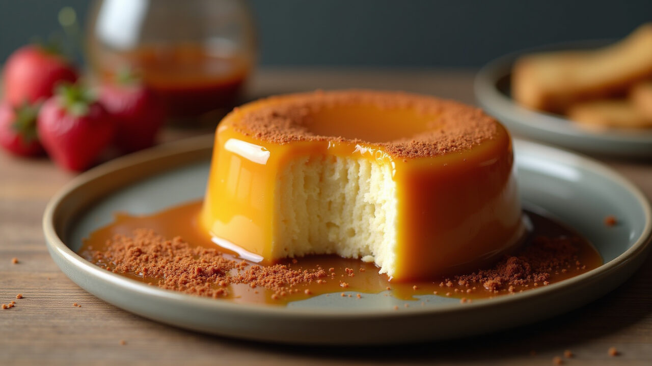 Pudim de leite em pó in a caramel coated mold, professional photography, 8K quality, sharp focus, Pudim de leite em pó em forma caramelizada.
