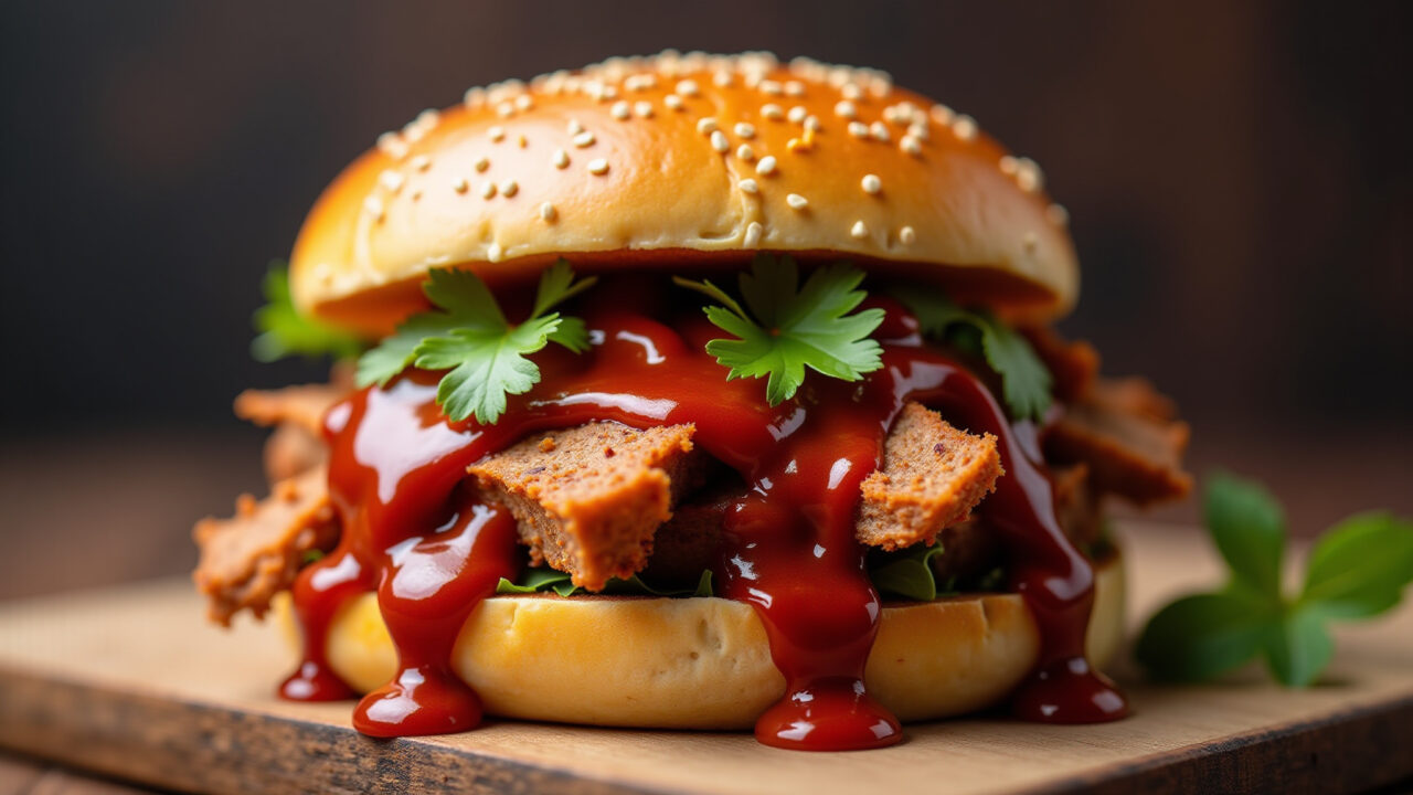 Pulled pork sandwich, barbecue sauce, professional photography, 8K, sharp focus, vibrant colors, Sanduíche de carne de porco desfiada com molho barbecue.