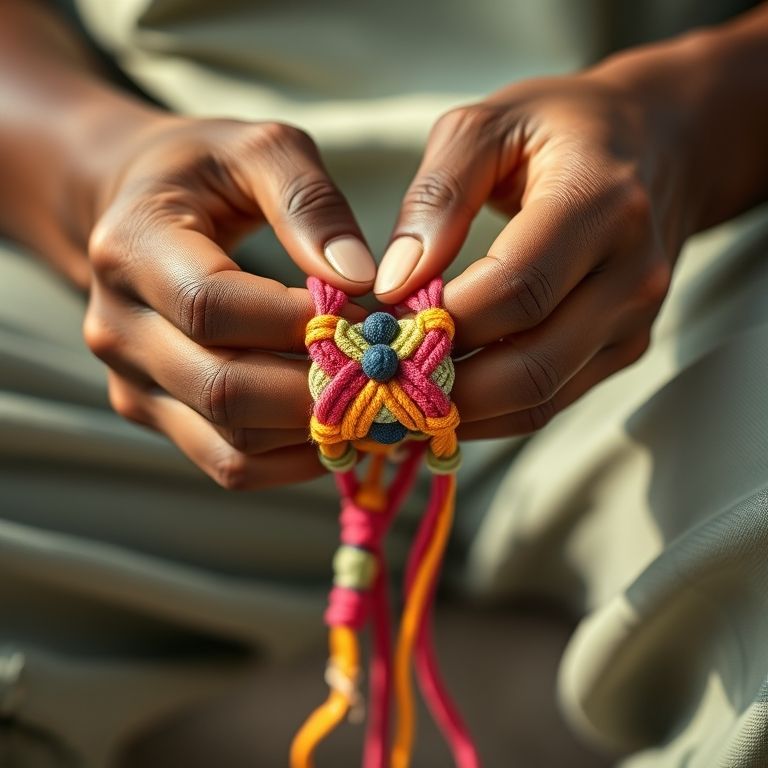 Pulseira de macramê colorida com miçangas sendo confeccionada.