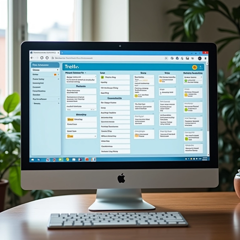Quadro do Trello exibido em um monitor, com cartões organizados por blocos de tempo.