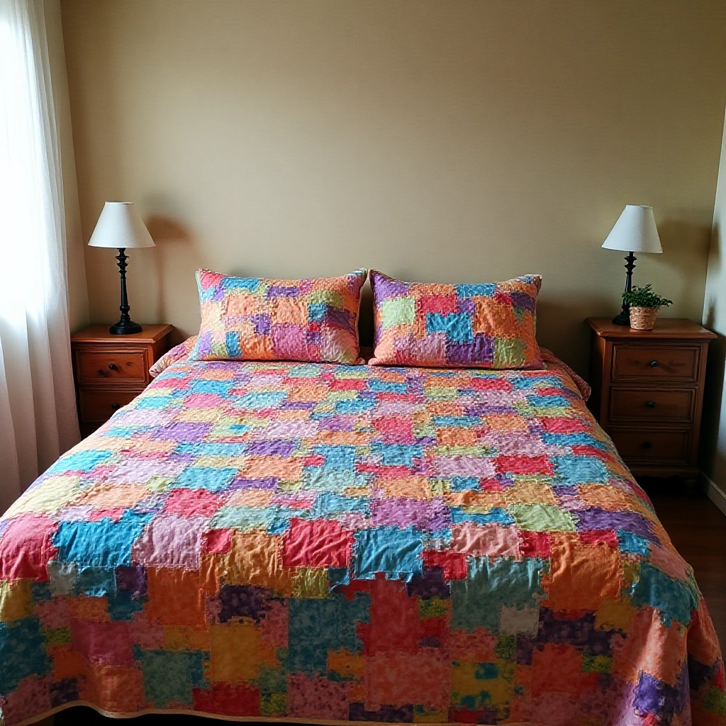 Quarto com colcha de retalhos feita de tecidos retalhados, colorida e aconchegante.