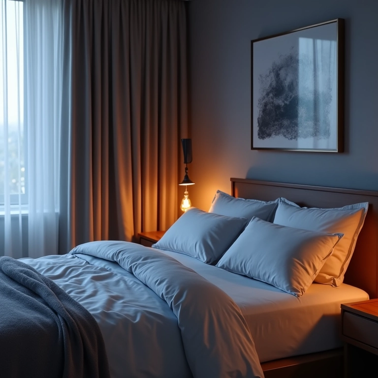 Quarto com cortinas blackout e difusor de aromaterapia, criando um ambiente ideal para o sono.