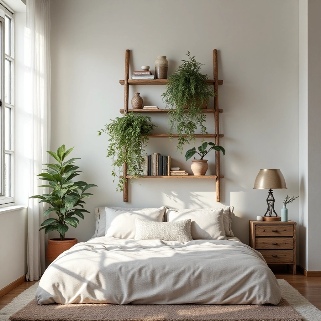 Quarto com escada antiga reaproveitada como estante vertical com plantas e livros.