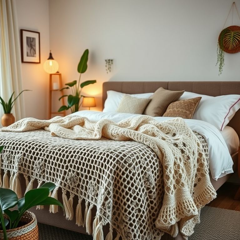 Quarto com manta de crochê sobre a cama.
