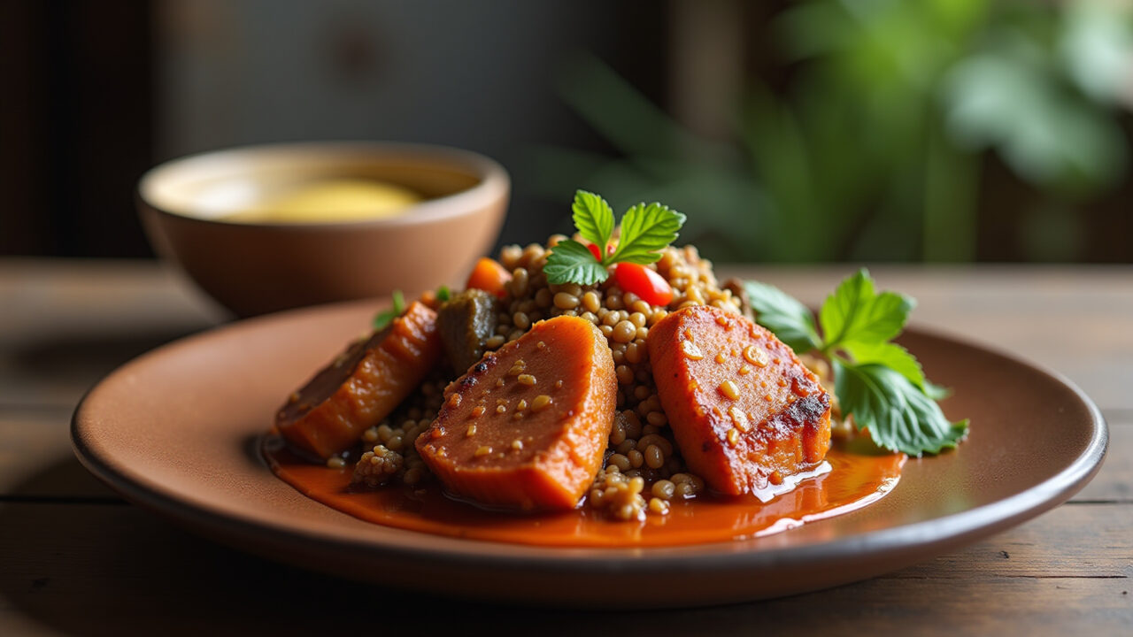 'Quiabo refogado com jiló', intense flavors, rustic setting, Brazilian cuisine, natural light, Quiabo refogado com jiló, combinação de sabores intensos.