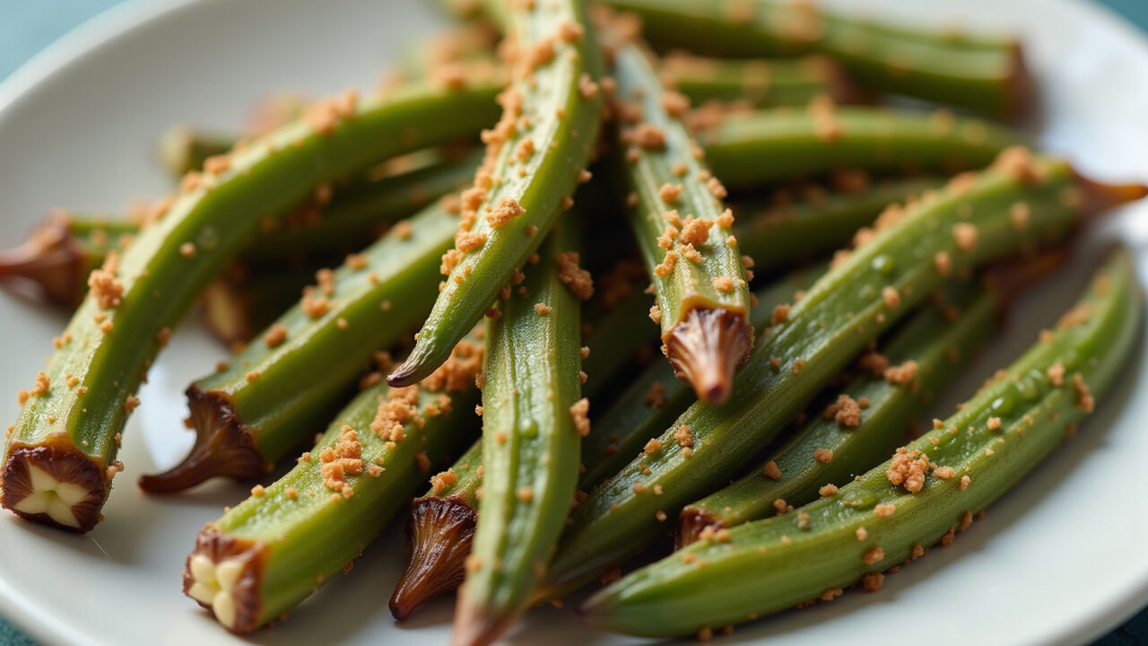Quick and simple crispy baked okra, close-up shot, minimal ingredients, natural light, 8K quality, Preparo rápido de quiabo assado.