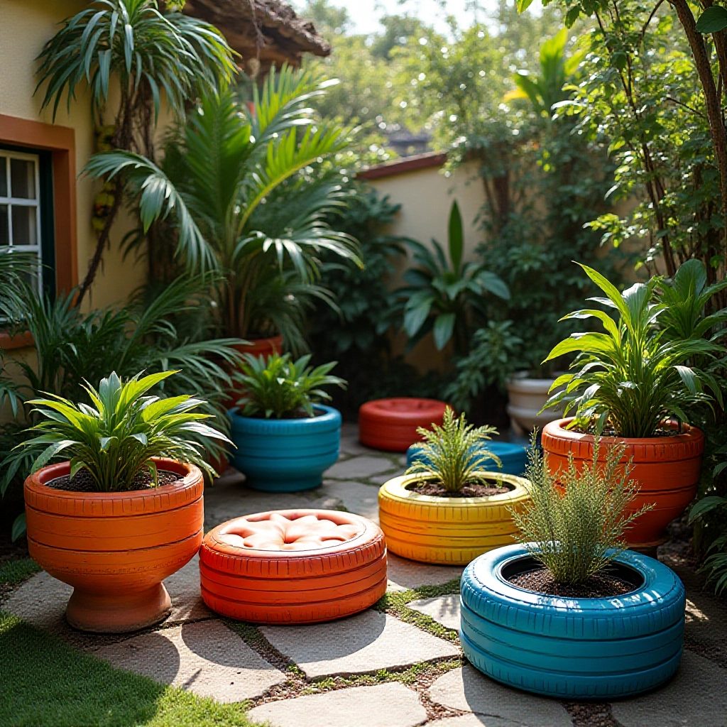 Quintal charmoso com vasos de plantas e pufes feitos de pneus reciclados.