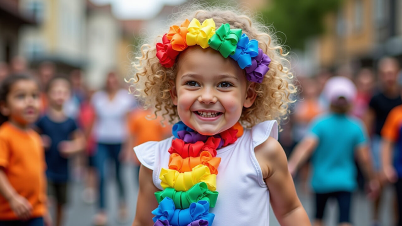 Rainbow costume, colorful ribbons, cheerful smile, Halloween parade, vibrant colors, 8K, Arco-íris com fitas coloridas no Halloween.