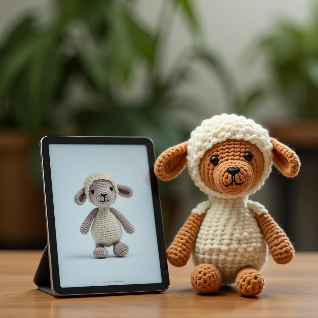 Receita de amigurumi em tablet ao lado de ovelha de crochê pronta.
