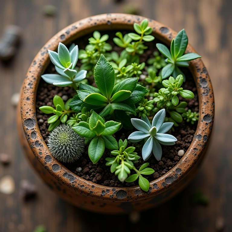Recipiente de madeira rústico com plantas minúsculas.