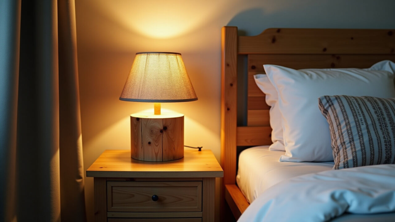 Reclaimed wood rustic lamp as bedside table lamp in a bedroom, natural textures, calm atmosphere, Abajur rústico de madeira de demolição no quarto.