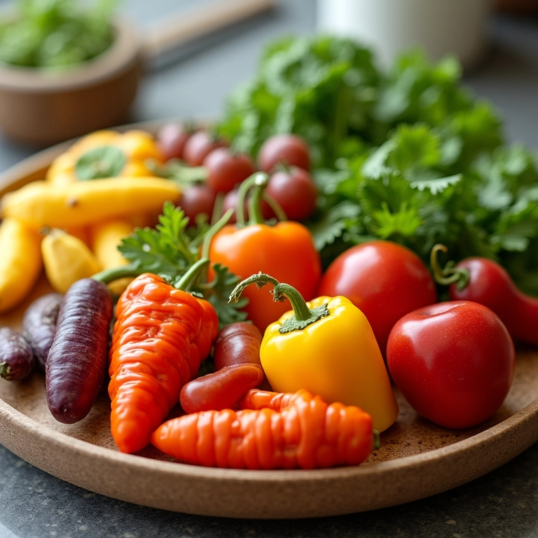 Refeição colorida e saudável com frutas e vegetais.