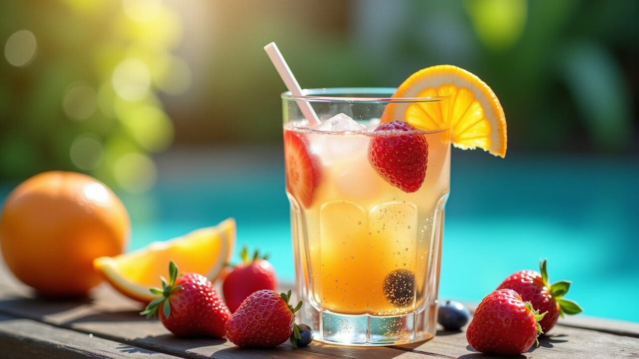 Refreshing gelatin drink, fruit slices, sparkling water, Brazilian summer, 8K, sharp focus, Drink refrescante com cubos de gelatina e frutas.