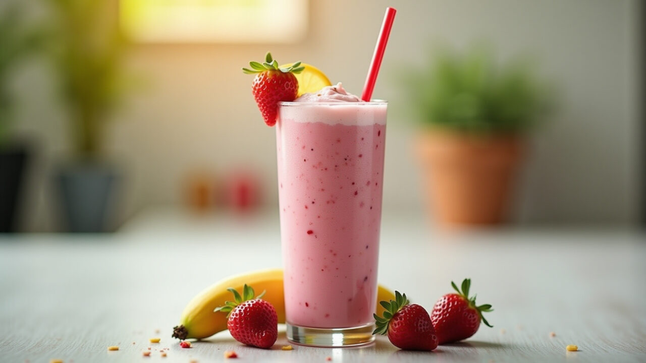 Refreshing Nescau milkshake, glass with straw, fruit decoration, 8K, professional photography, Milkshake de Nescau cremoso para refrescar.
