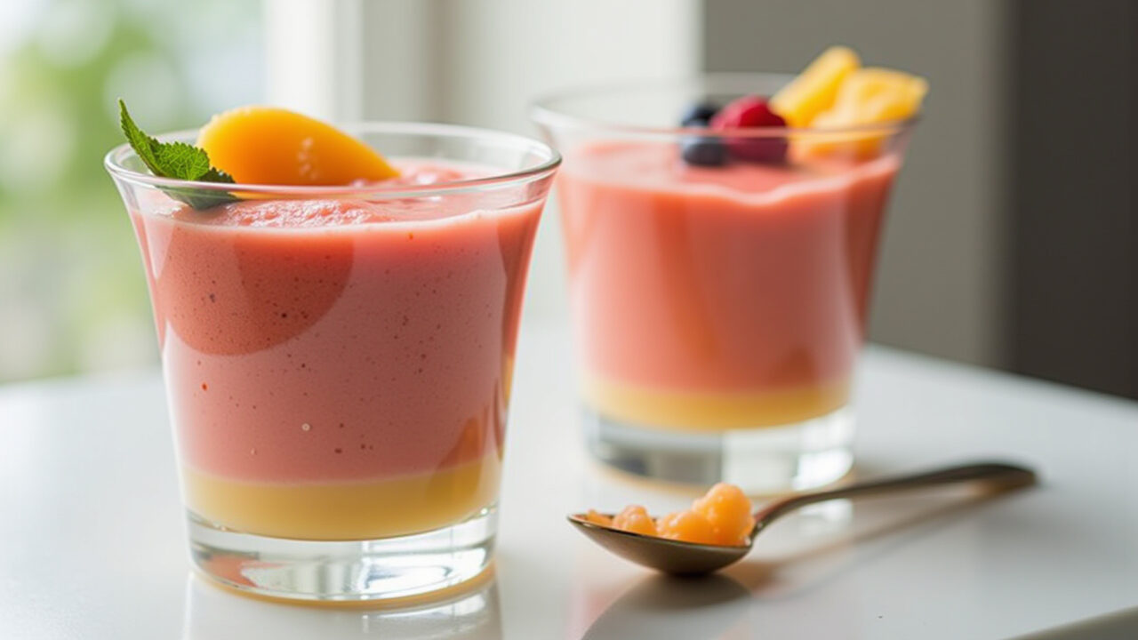 Refreshing Nescau mousse, glass bowl, fruit decoration, natural light, 8K, professional Mousse de Nescau geladinho.
