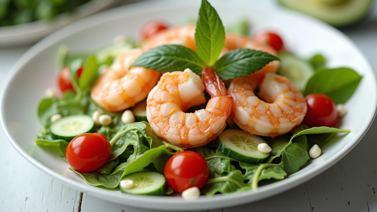 Refreshing shrimp salad, mixed greens, cherry tomatoes, cucumber, professional photography, 8K Salada de camarão refrescante com vegetais.